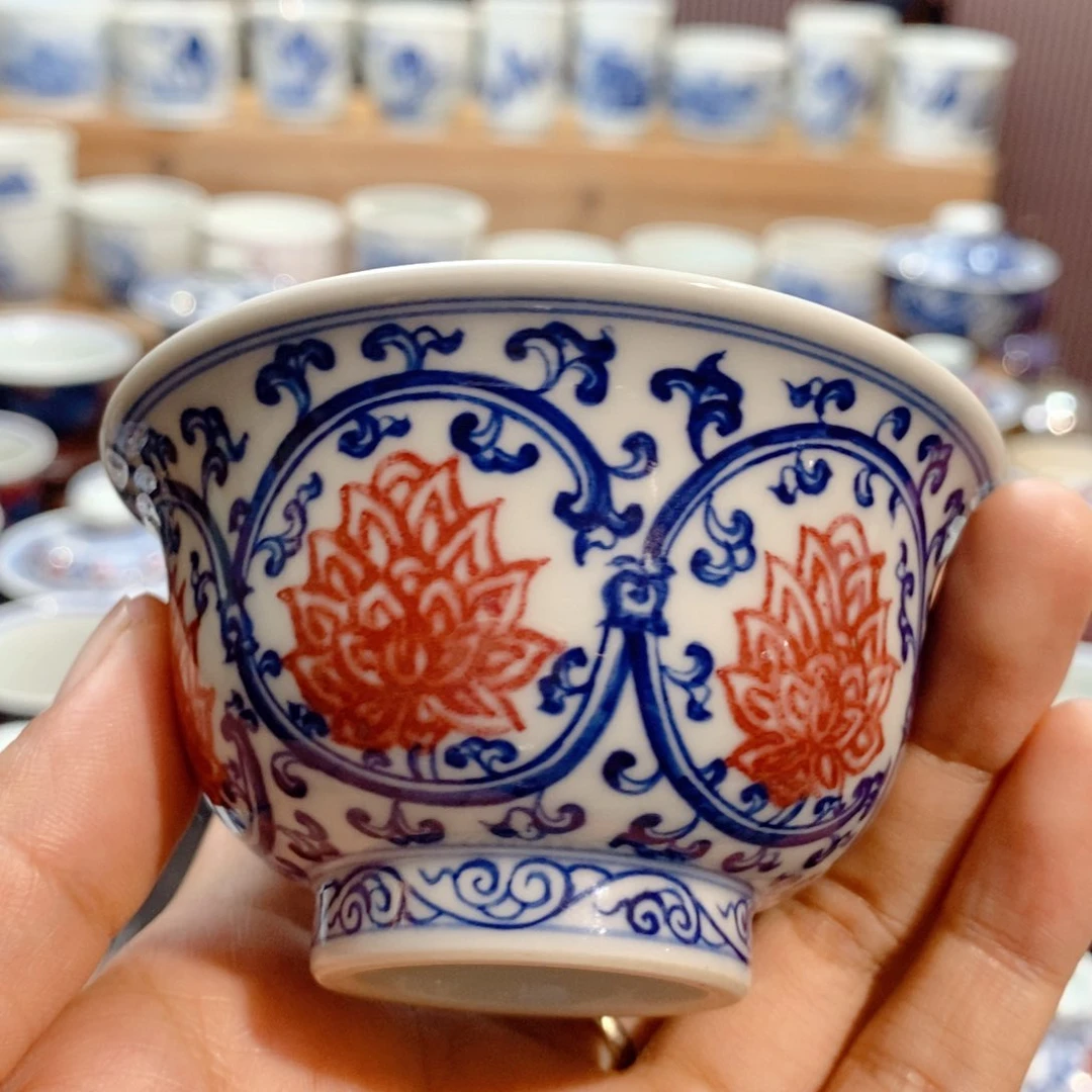 釉里红压手杯原矿手绘
