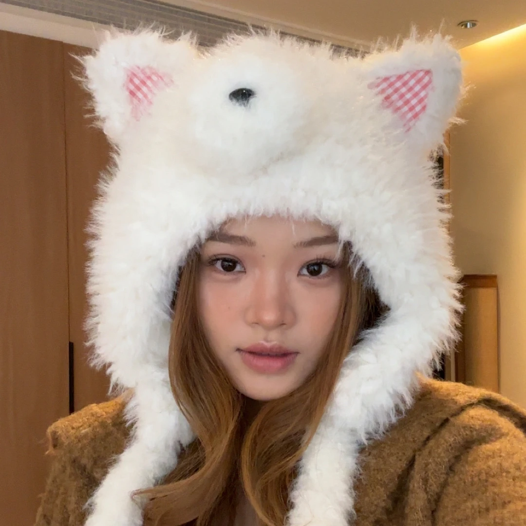 西高地毛绒护耳帽成人秋冬氛围感宽松大头围帽子显脸小盆帽