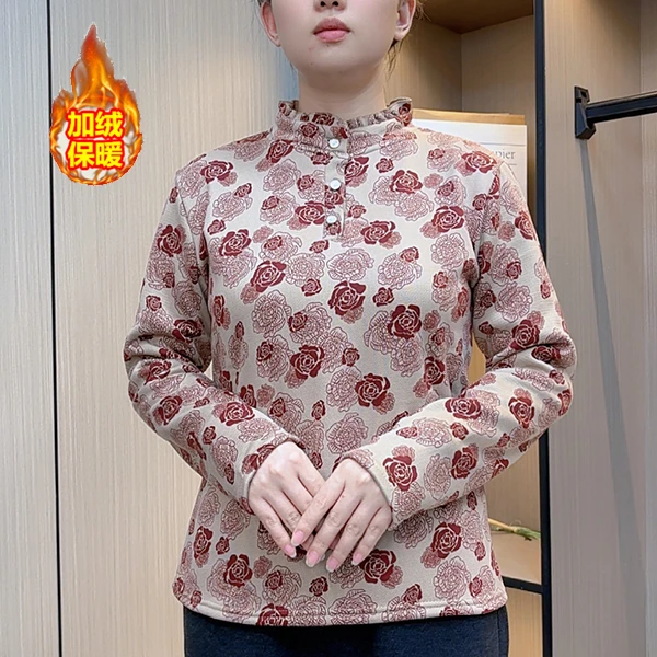 妈妈装秋冬加绒打底衫洋气时尚遮肚保暖小衫中老年女装印花上衣