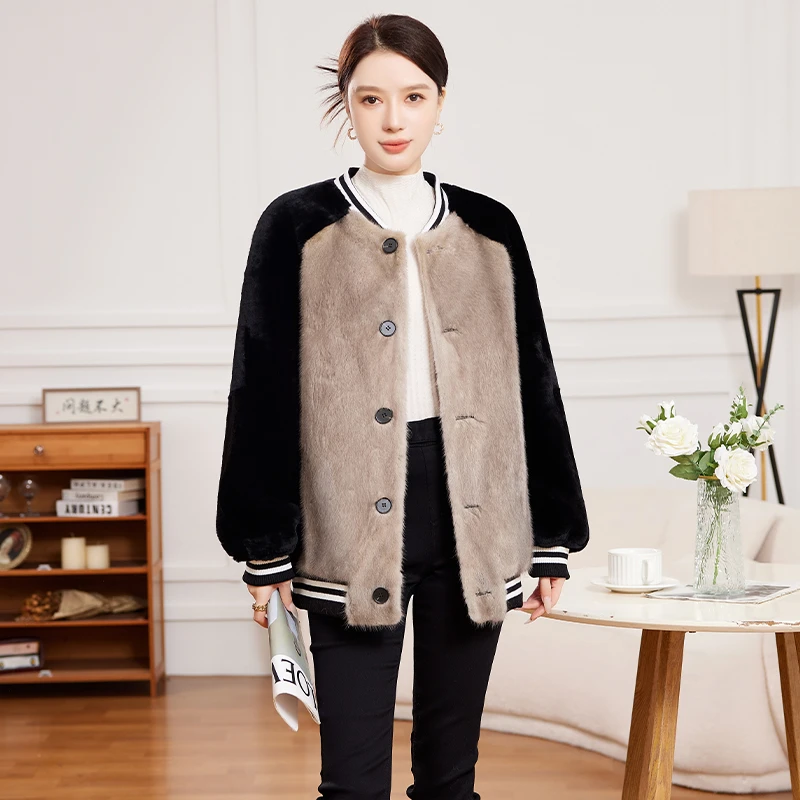 2024新款貂皮绵羊皮皮毛一体外套女机车棒球服款皮草减龄接头时尚