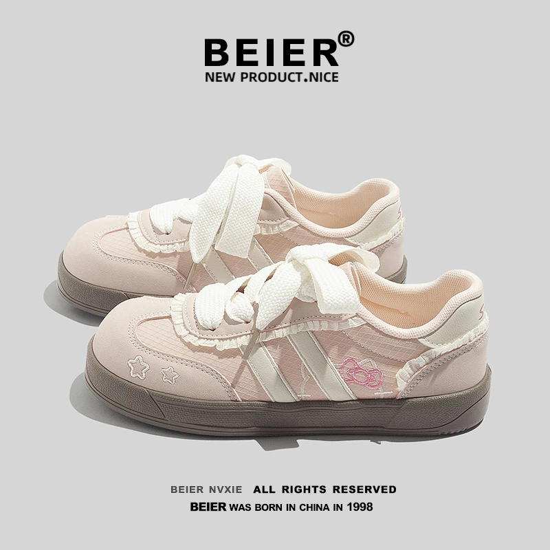 BEIER圆头百搭德训鞋女鞋2025秋季新款复古厚底运动休闲鞋子6903