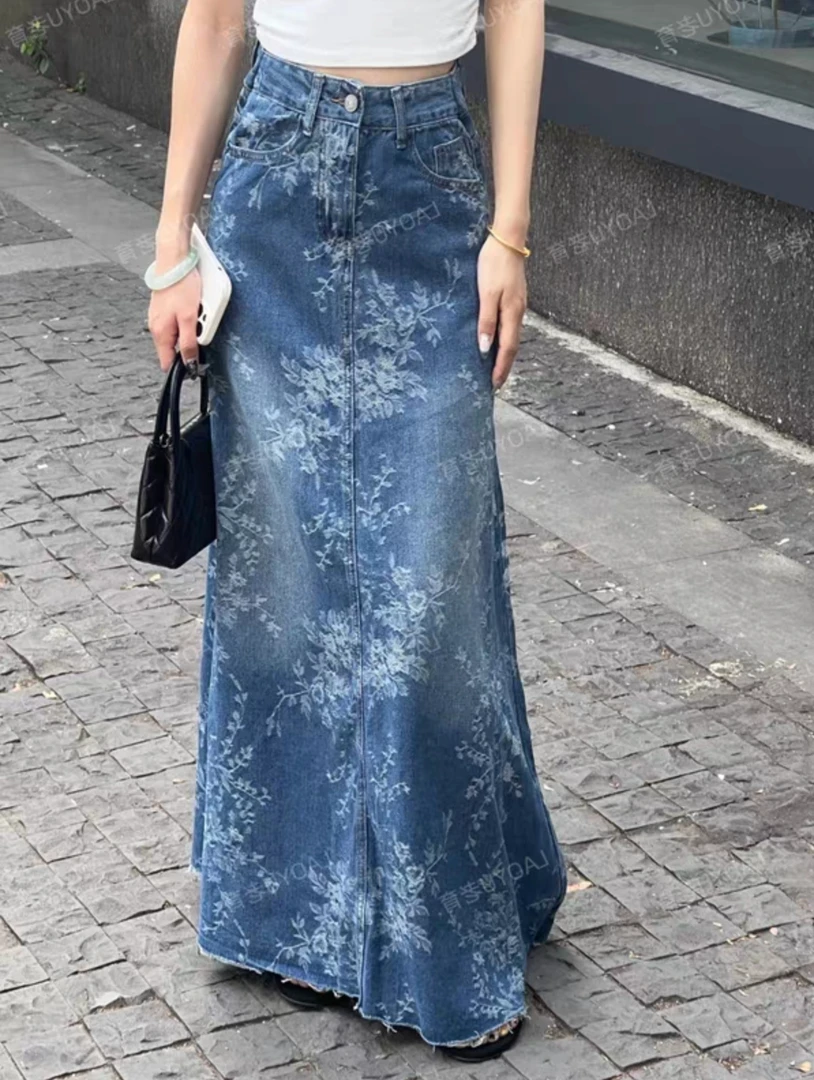 【莺梦】*6013*高级显瘦带花刺绣大A摆牛仔半身裙港风时髦洋气裙子