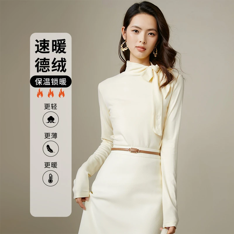 晚白【新品】双面德绒系带T恤女24091308