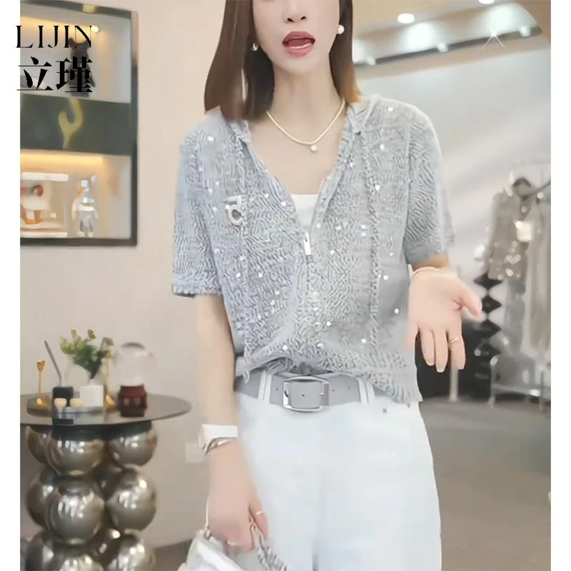 大码女装2025年夏季新款设计感连帽短袖新款时尚百搭亮片帽衫毛衣