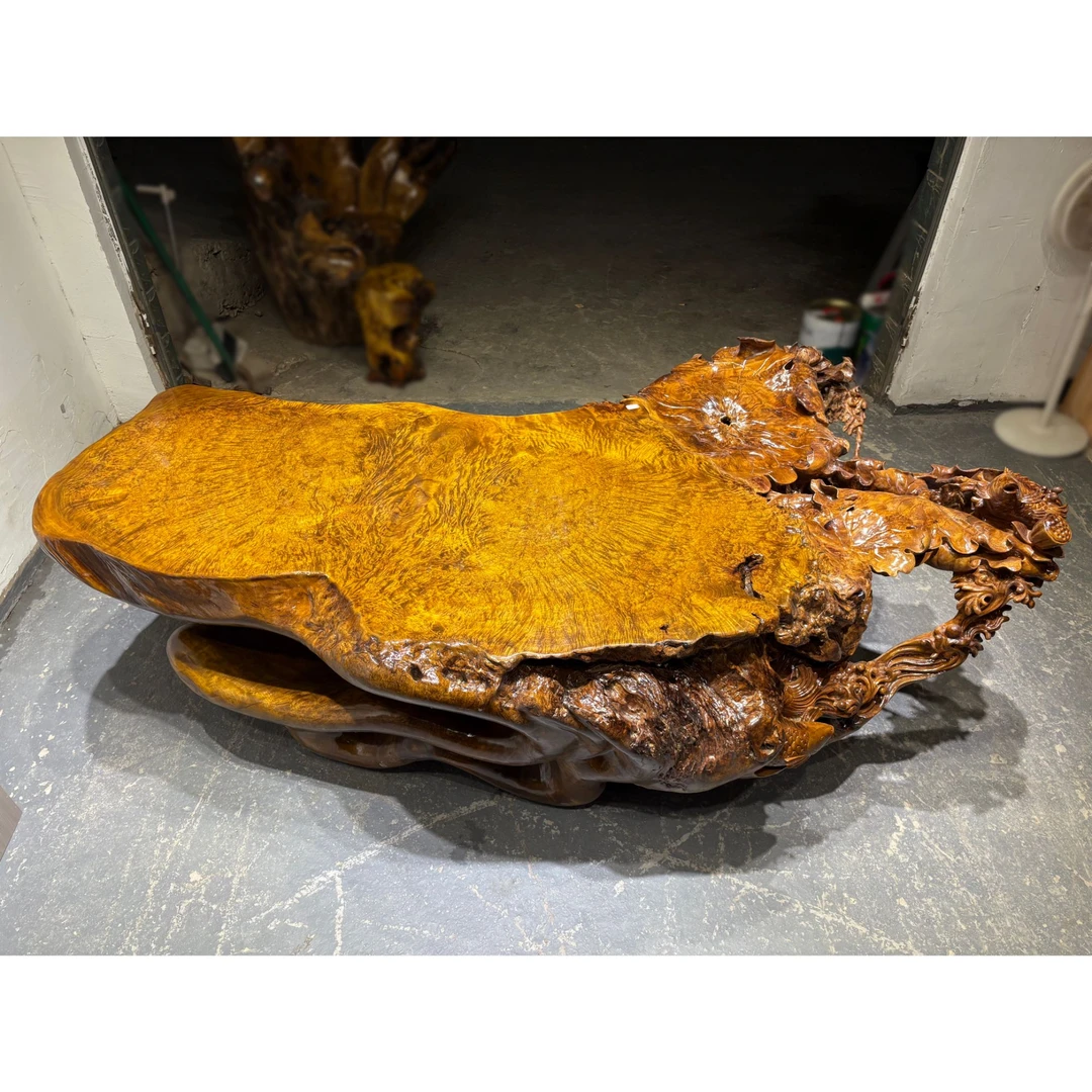 265-156-90 金鱼荷叶平桌 缅甸金丝楠木根雕实木茶桌茶台茶几茶案