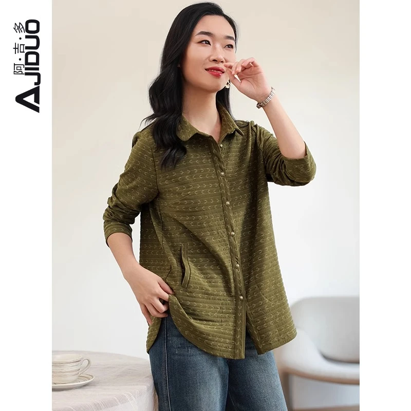 A20919阿吉多复古橄榄绿衬衫女2025年新款春季翻领单排扣大码上衣