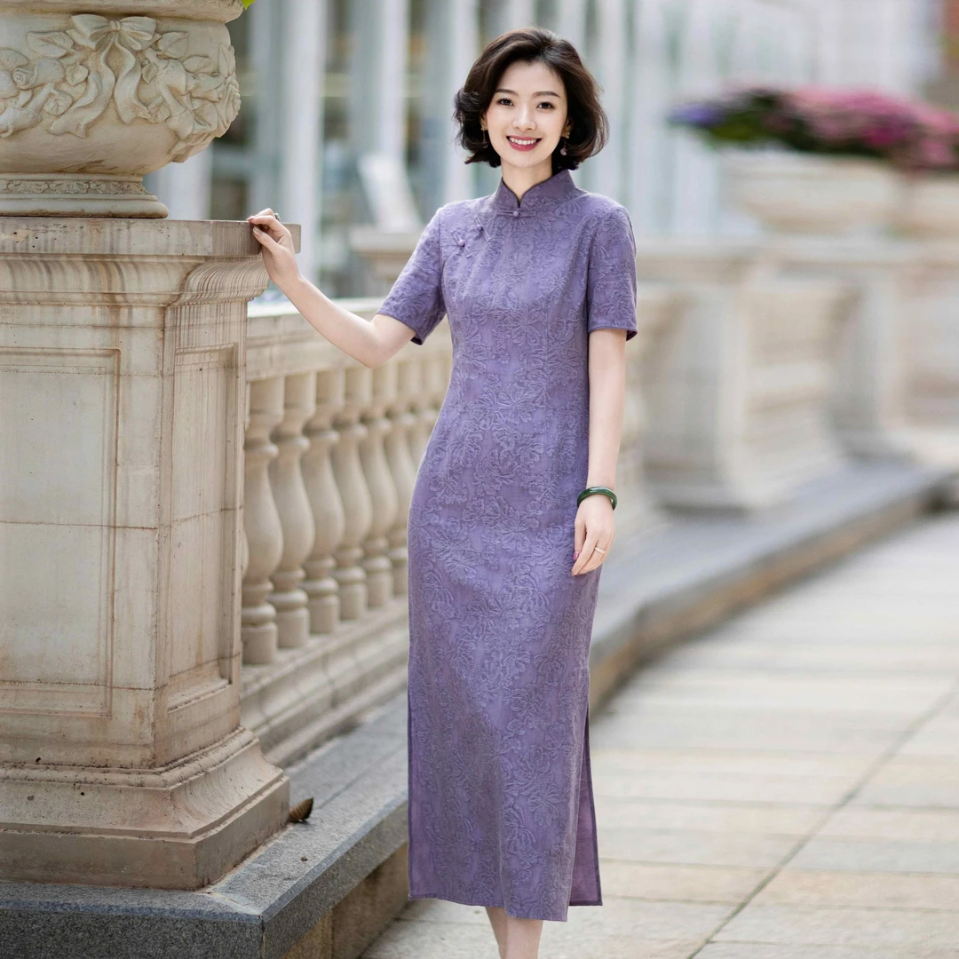 西子/【清平调】新中式亚麻棉提花立领盘扣修身短袖旗袍/QPBH1088