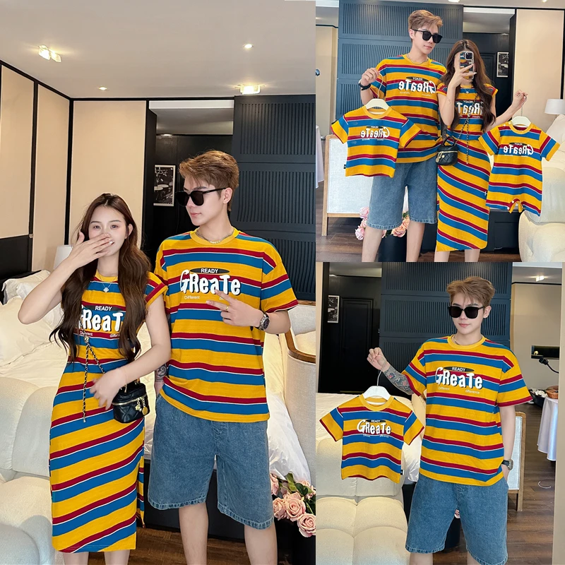 新款7380亲子装夏季一家三口四口母子母女短袖美式复古条纹连衣裙