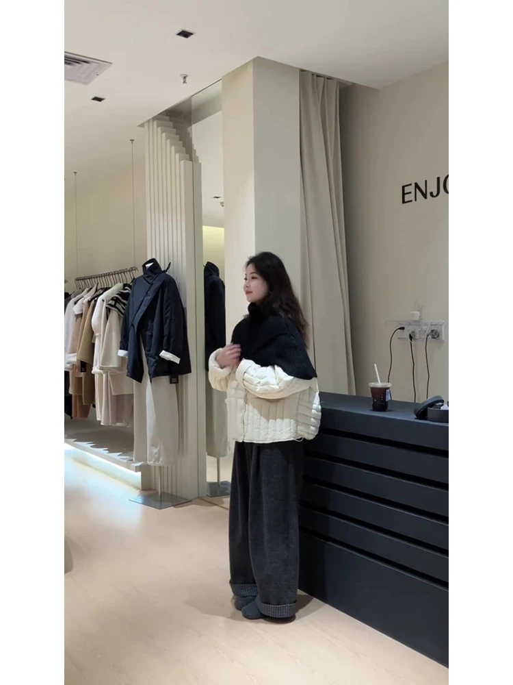 韩系宽松米色棉服外套上衣外搭披肩两件套女2025秋冬新款裤套装女