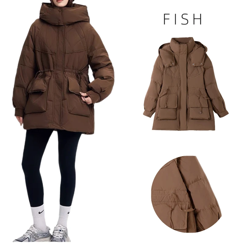 专属90鹅绒【天歌】 鹅绒 2025新款白鹅羽绒服中长收腰抽绳连帽外套