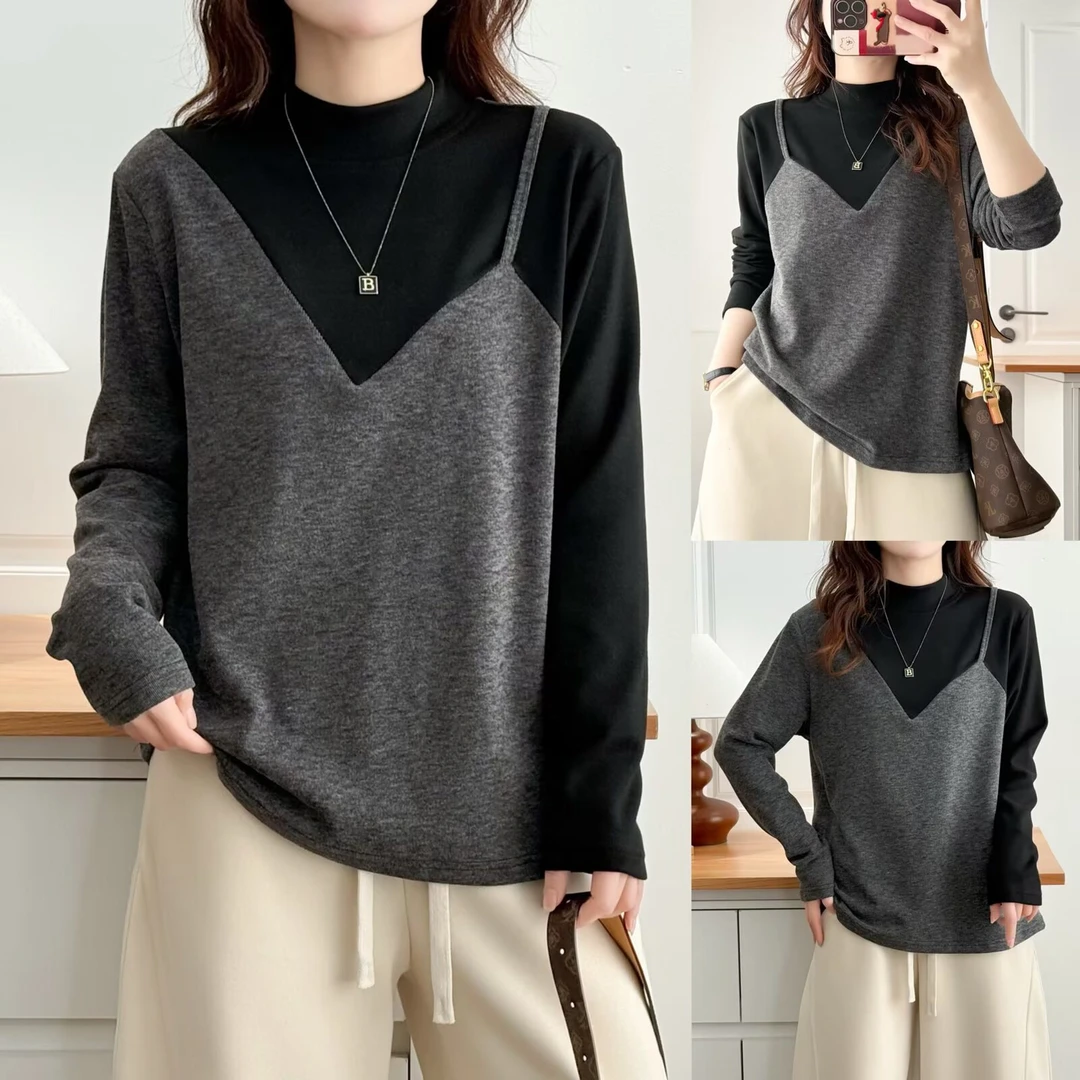 大码胖mm气质撞色假两件打底衫女2025秋冬宽松显瘦半高领上衣8653