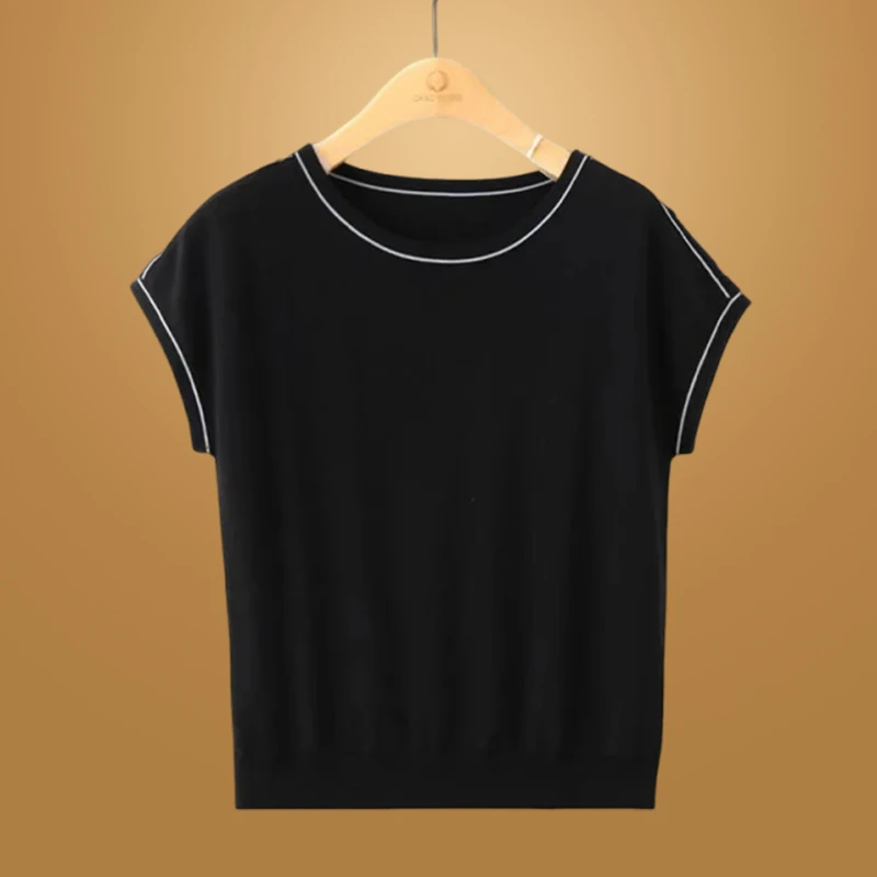 2025夏季新款气质短袖T恤女百搭简约遮肉针织衫减龄显瘦上衣女