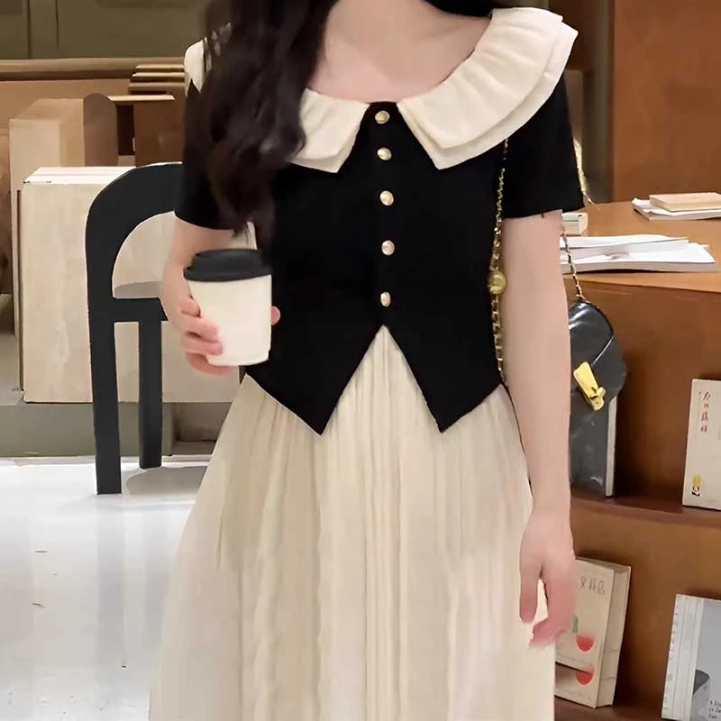 法式高级感蕾丝娃娃领掐腰上衣女夏季新款设计感小众短袖D0727