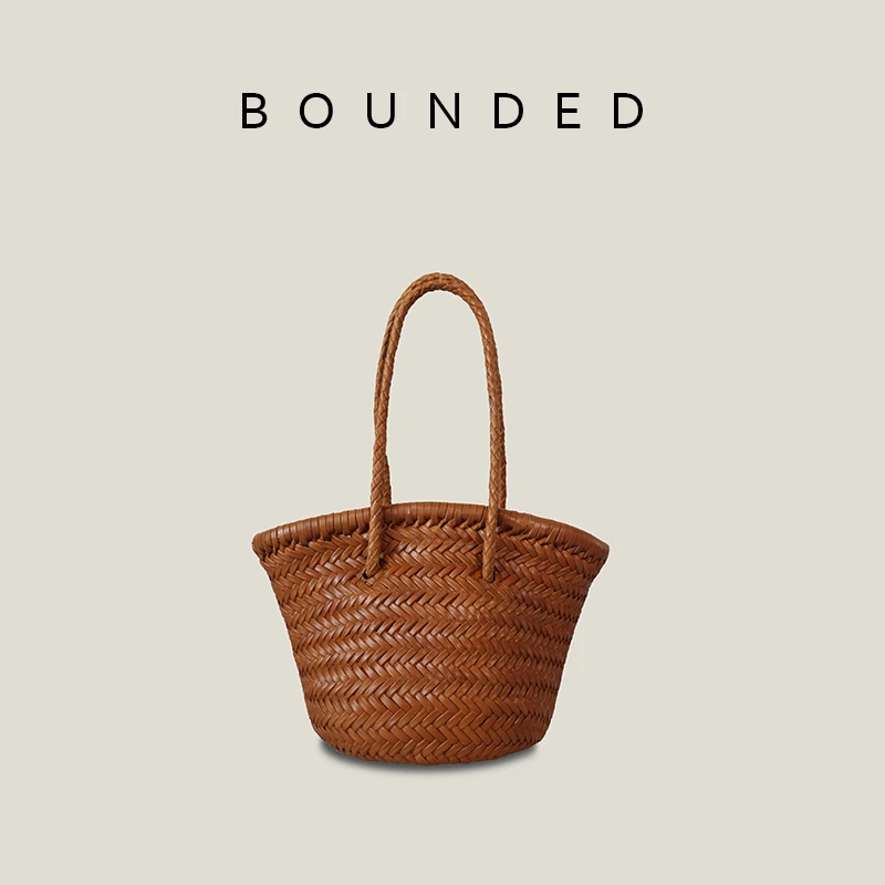bounded小众原创法式复古头层牛皮真皮编织包水桶小包单肩包菜篮