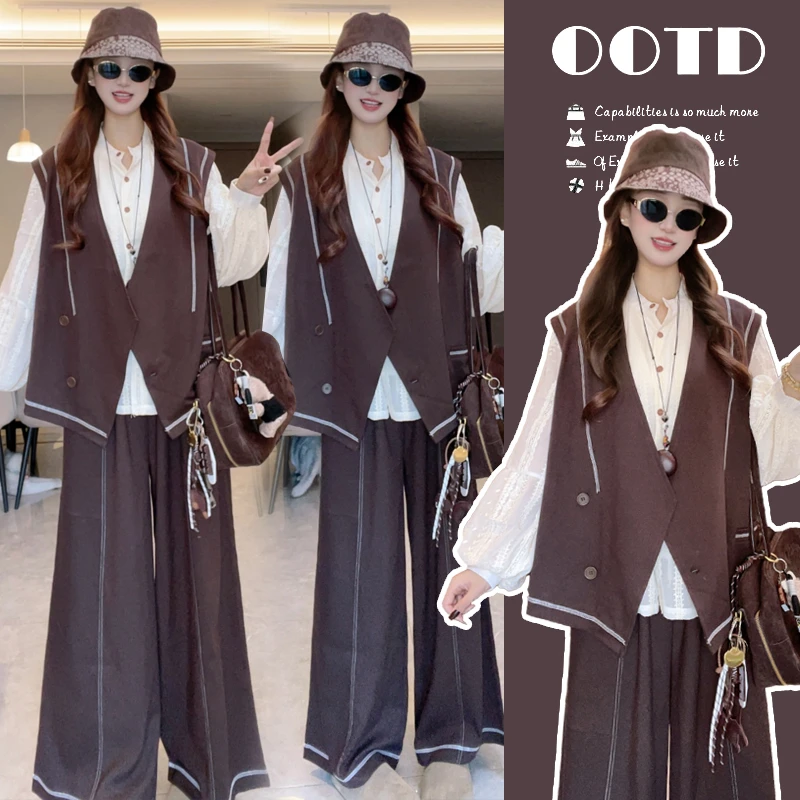 轻熟风休闲衬衫咖色马甲阔腿裤套装女春秋松弛感贵气感三件套