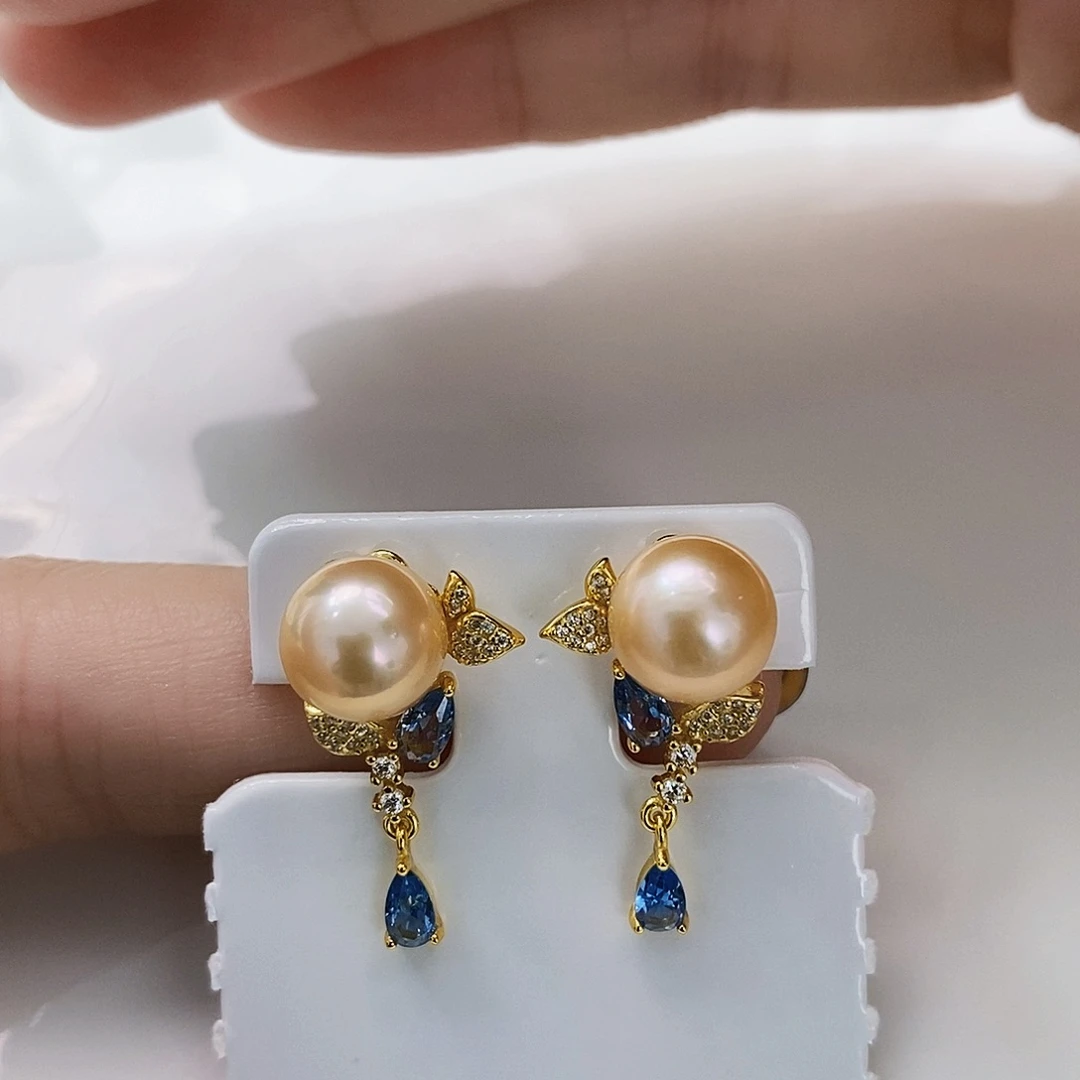 银S925镶嵌特价福利极光爱马橙耳饰8-10m m淡水珍珠