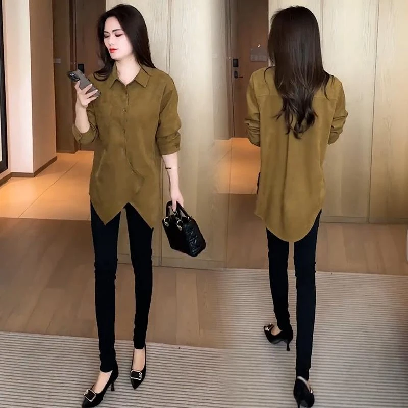 设计感时尚韩版衬衫女秋季新款宽松遮肚子显瘦衬衣不规则大码上衣