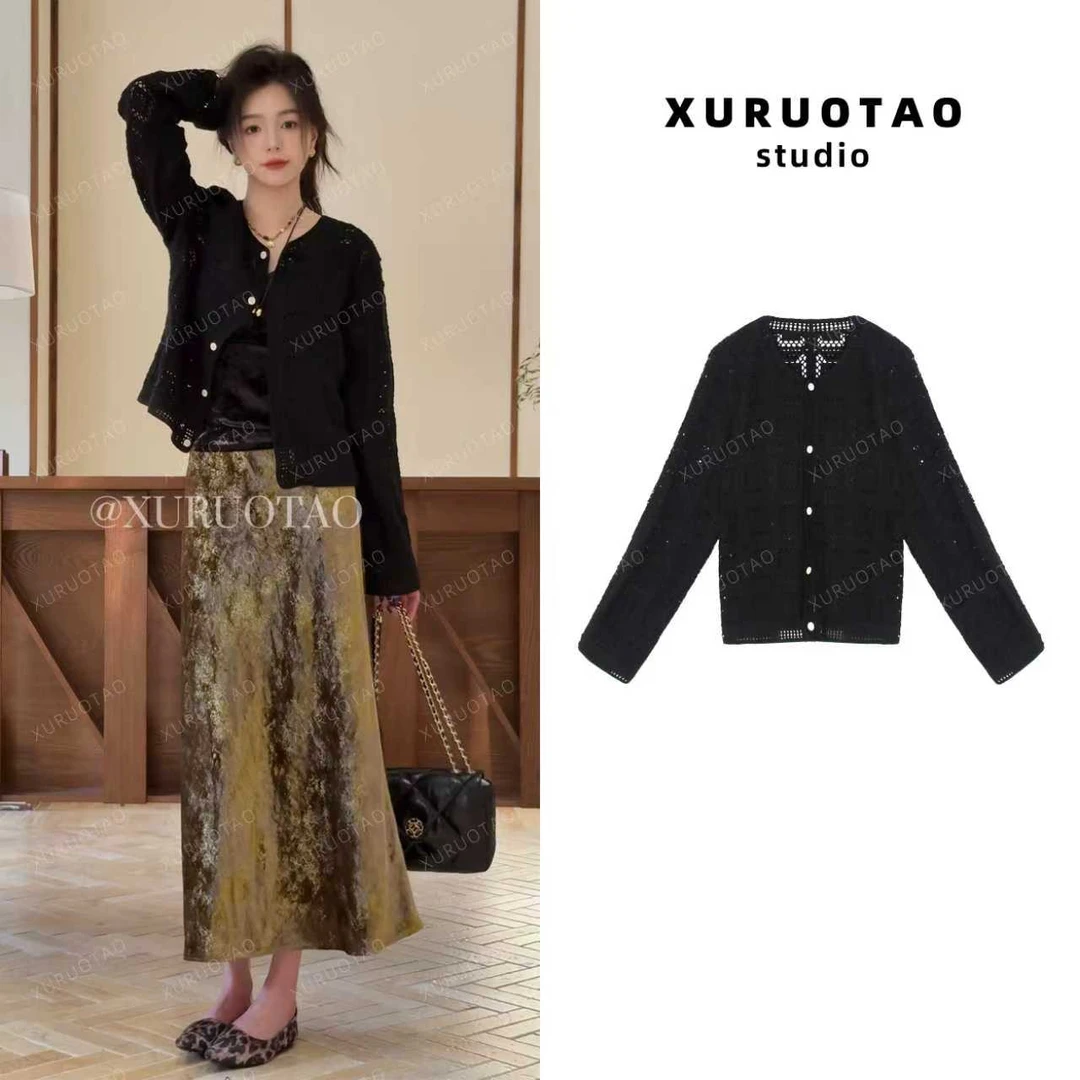 XURUOTAO 【典雅回忆】羊毛提花镂空设计感显瘦黑色上衣 T5661