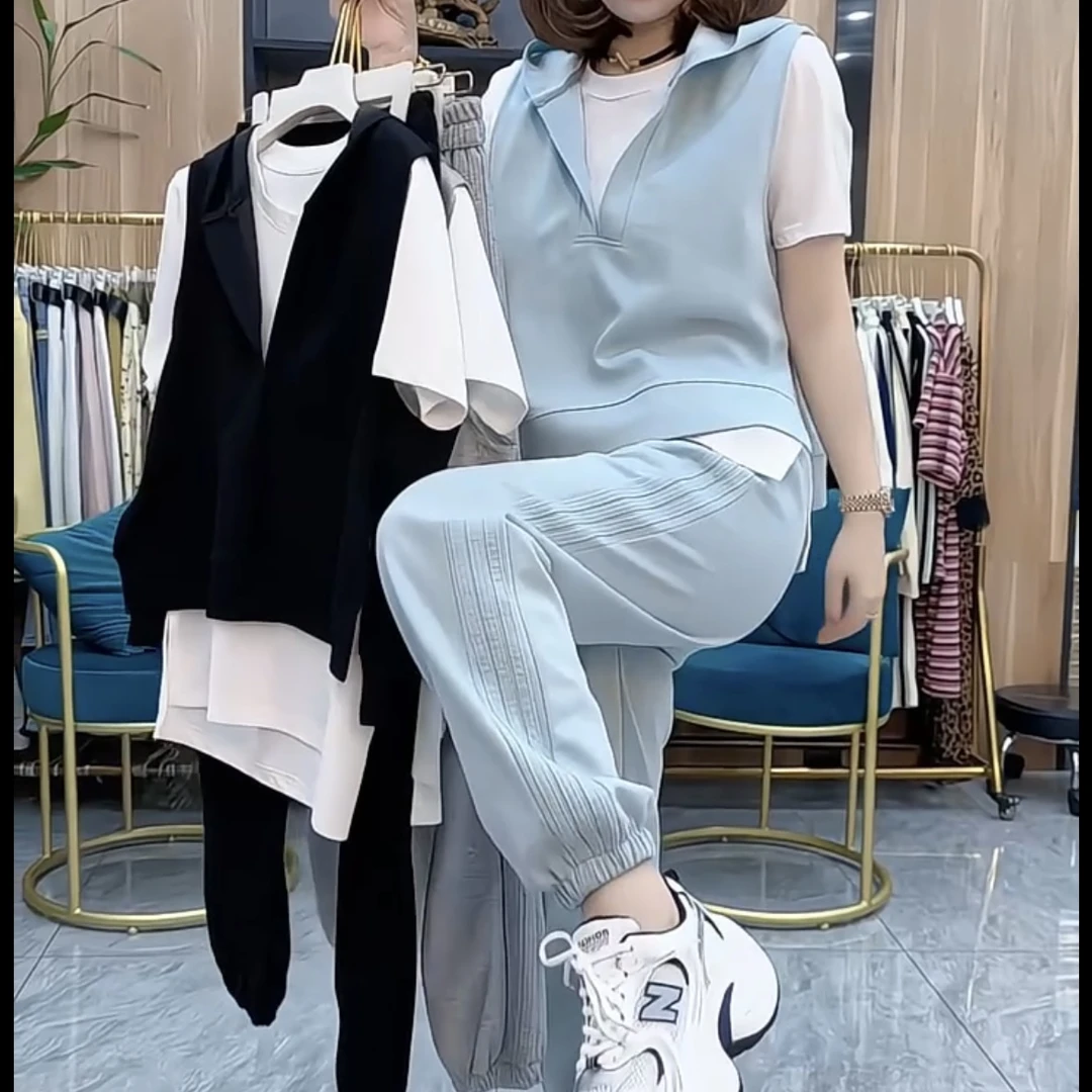 2025新款马甲短袖裤子女宽松大码气质网红百搭简约套装潮显瘦