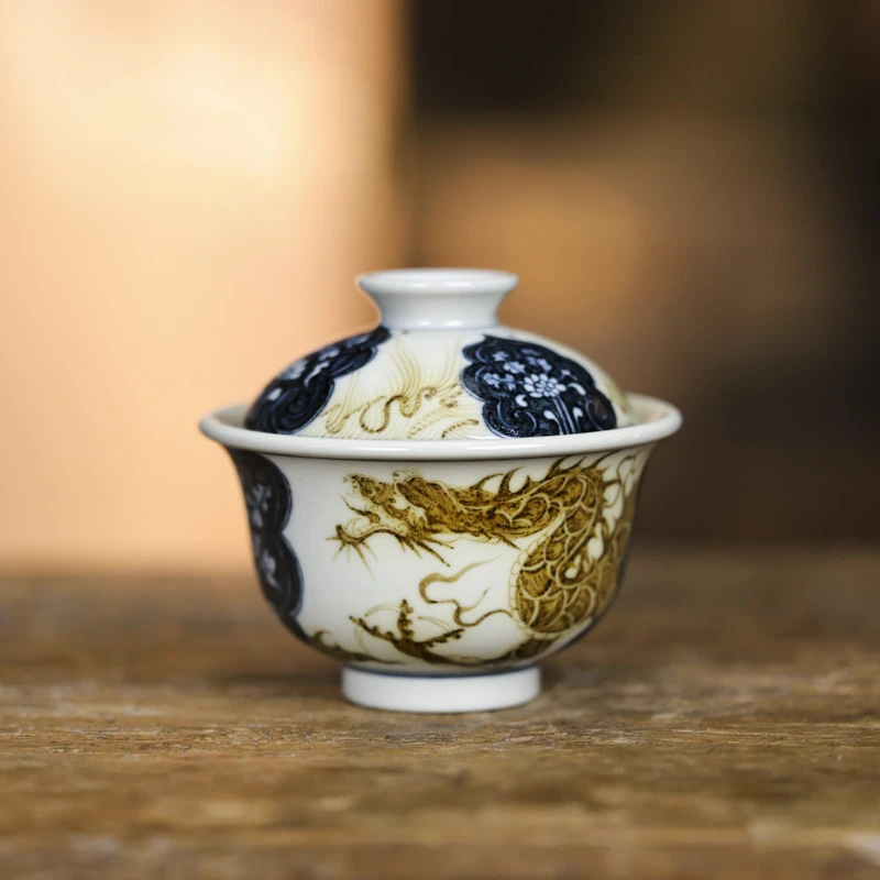 【汪汪茶器】立勤堂青花釉里金穿花龙元宝盖碗（YLJ-GW-064）