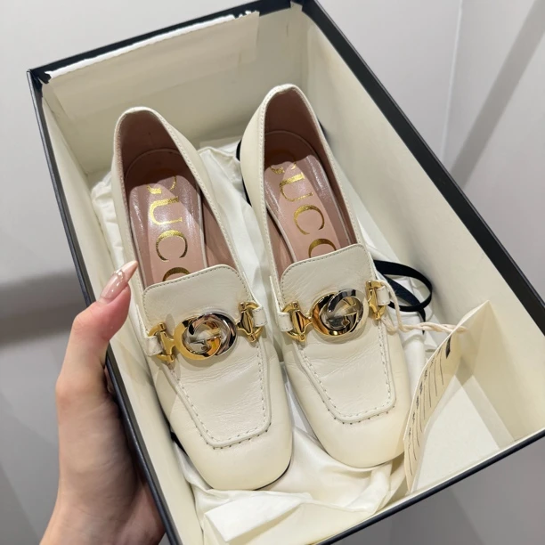 99新 GUCCI/古驰 1l182/方头套脚方跟高跟鞋 34码