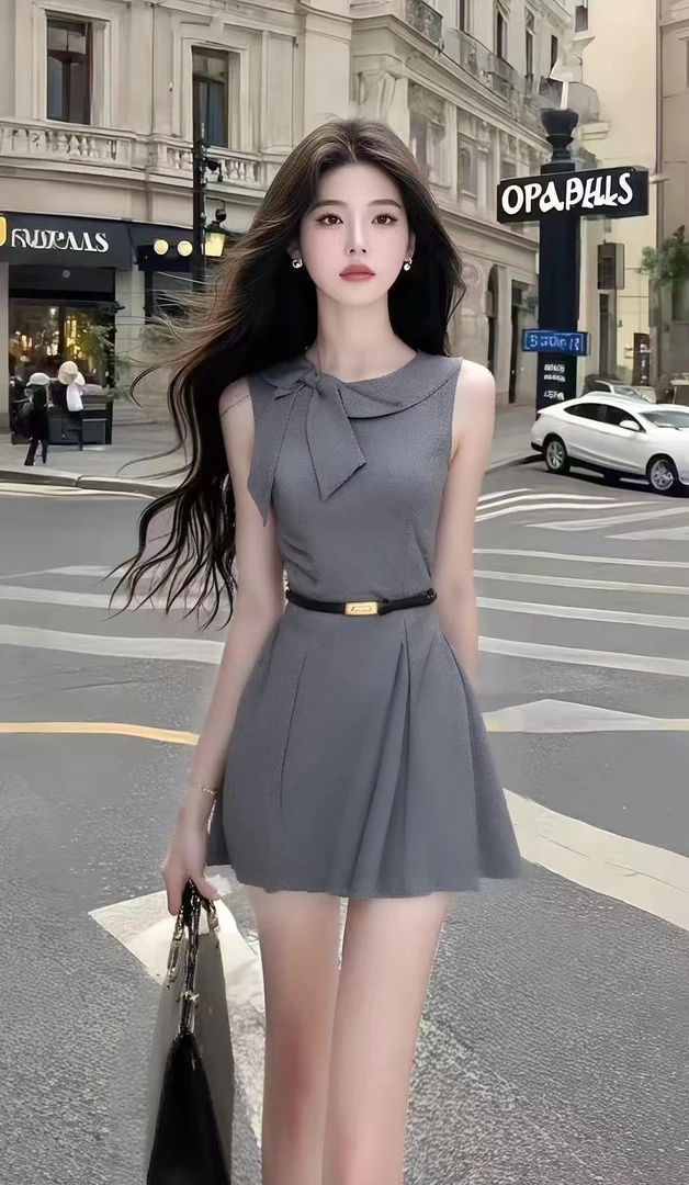 轻奢高级优雅灰色圆领修身无袖收腰设计感连衣裙时尚气质显瘦女装
