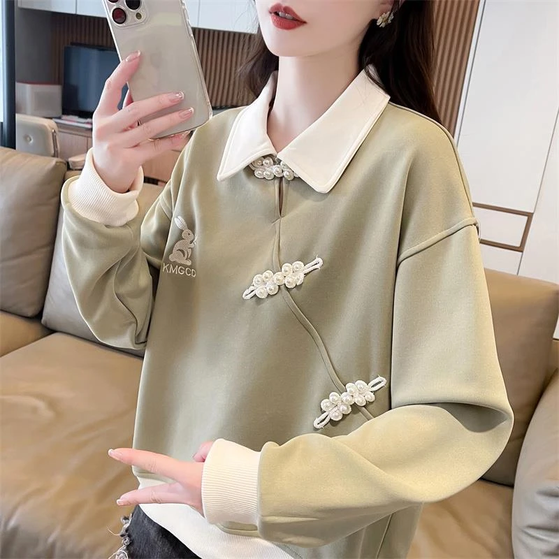 小个子翻领衫卫衣女春秋韩版大码宽松薄款拼色假两件上衣外套