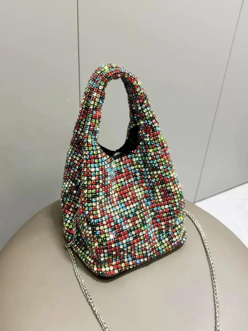 【SL】新款闪耀手工彩色水钻慵懒风手提菜篮子高定礼服宴会手提包