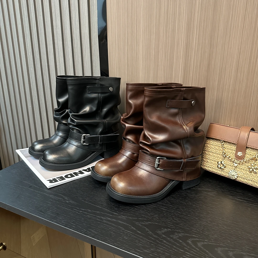 「7cm」网红裤管短靴2025早秋新款时尚粗跟靴子圆头复古百搭女靴