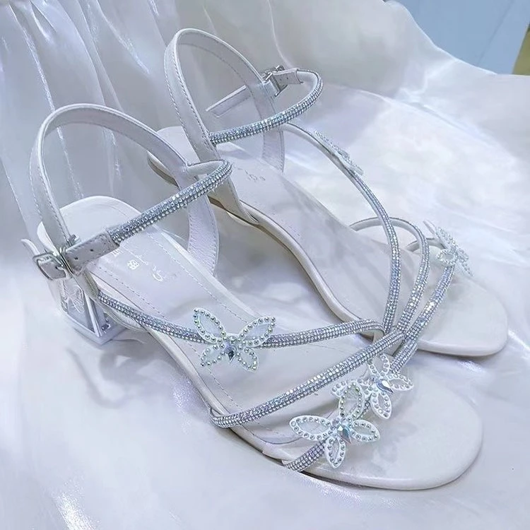 高颜值软底2024夏季新款女凉鞋水钻仙女风方根百搭露趾时尚橡胶底