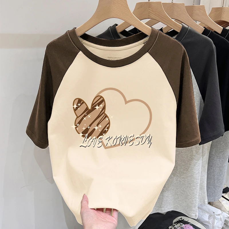 可爱卡通爱心兔子印花春夏秋季新款纯棉短袖T恤男女打底衫上衣潮