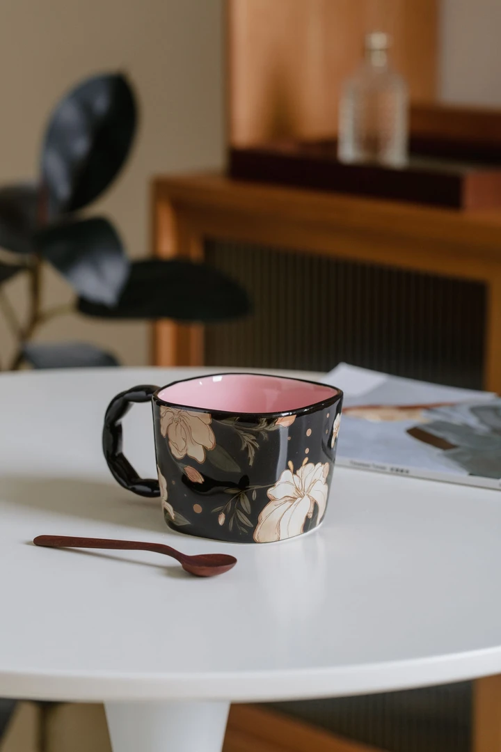 高颜值花卉复古茶杯陶瓷大容量马克杯方型设计款早餐下午茶水杯