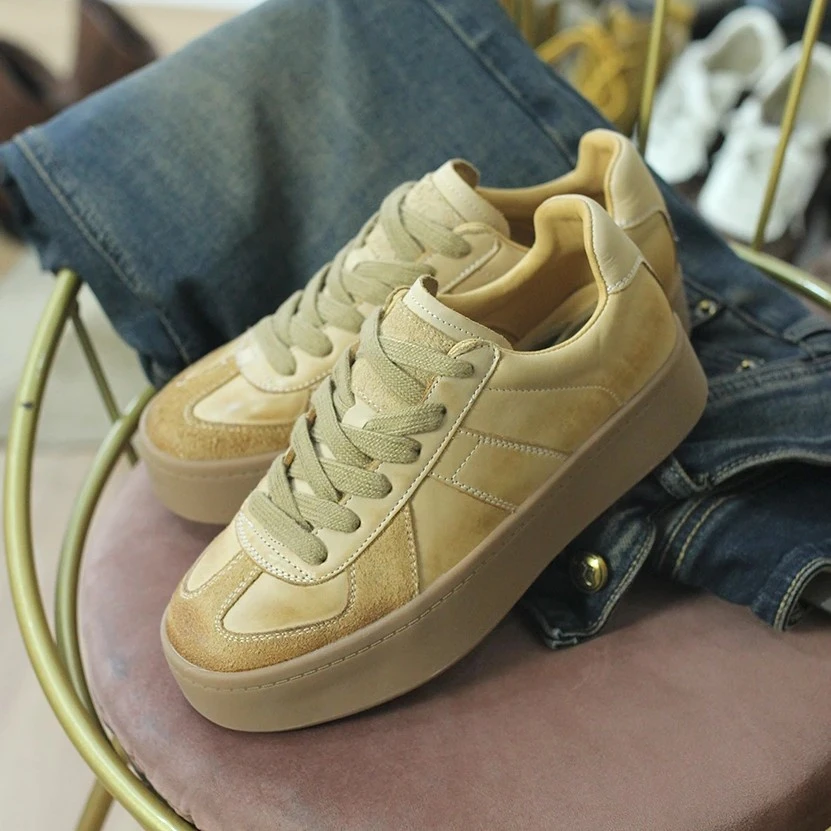 头层牛皮休闲德训鞋厚底复古风手工擦色真皮女鞋百搭款高品