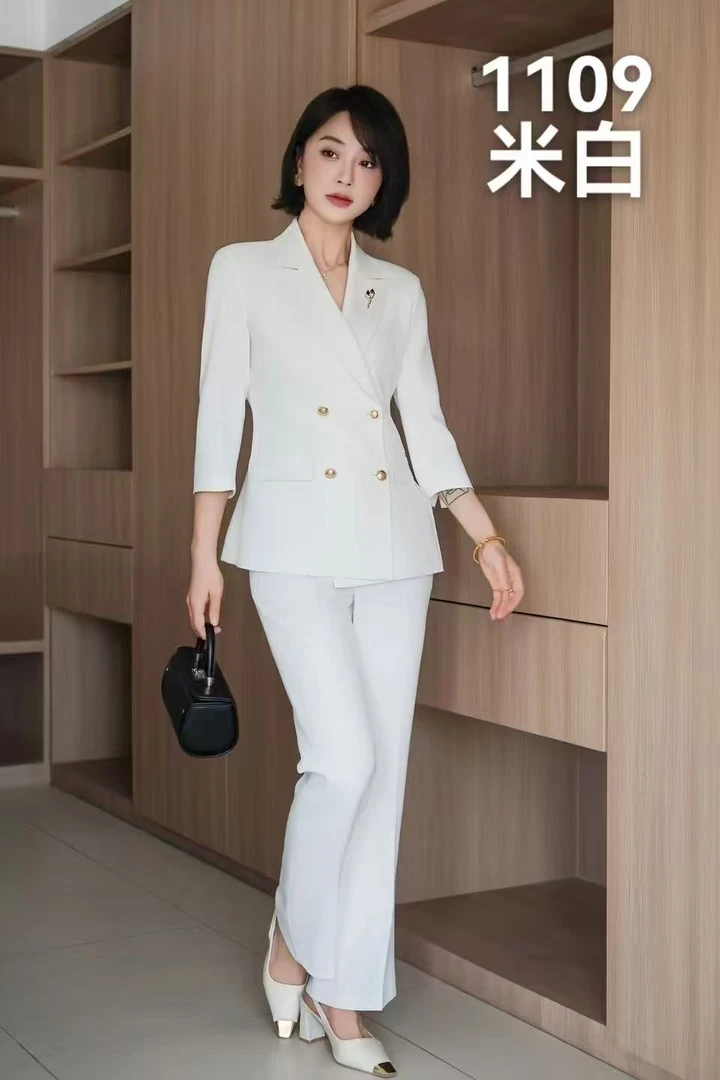 中袖西装1109套装女夏季薄款工作服气质直筒裤高级感修身职业套装