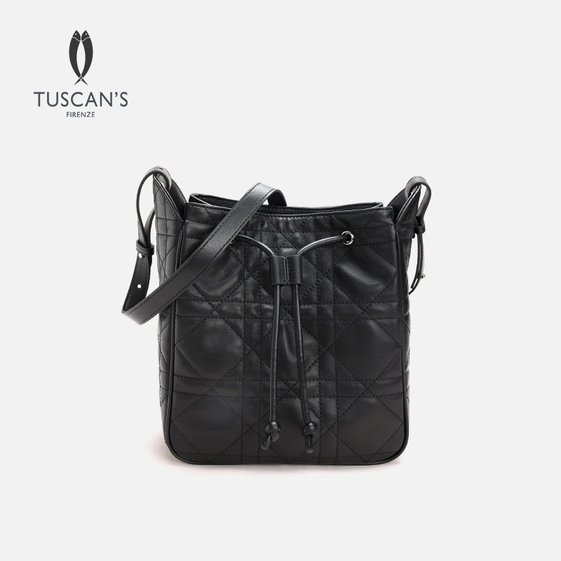 TUSCAN'S纯色菱格羊皮休闲风抽绳单肩斜挎包时代双鱼女包