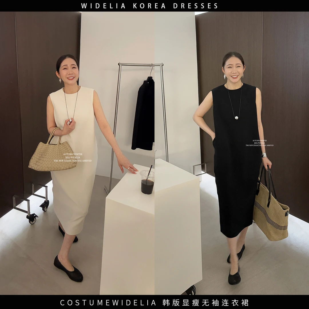 widelia夏季7090韩版显瘦设计感开叉无袖修身纯色圆领长款连衣裙