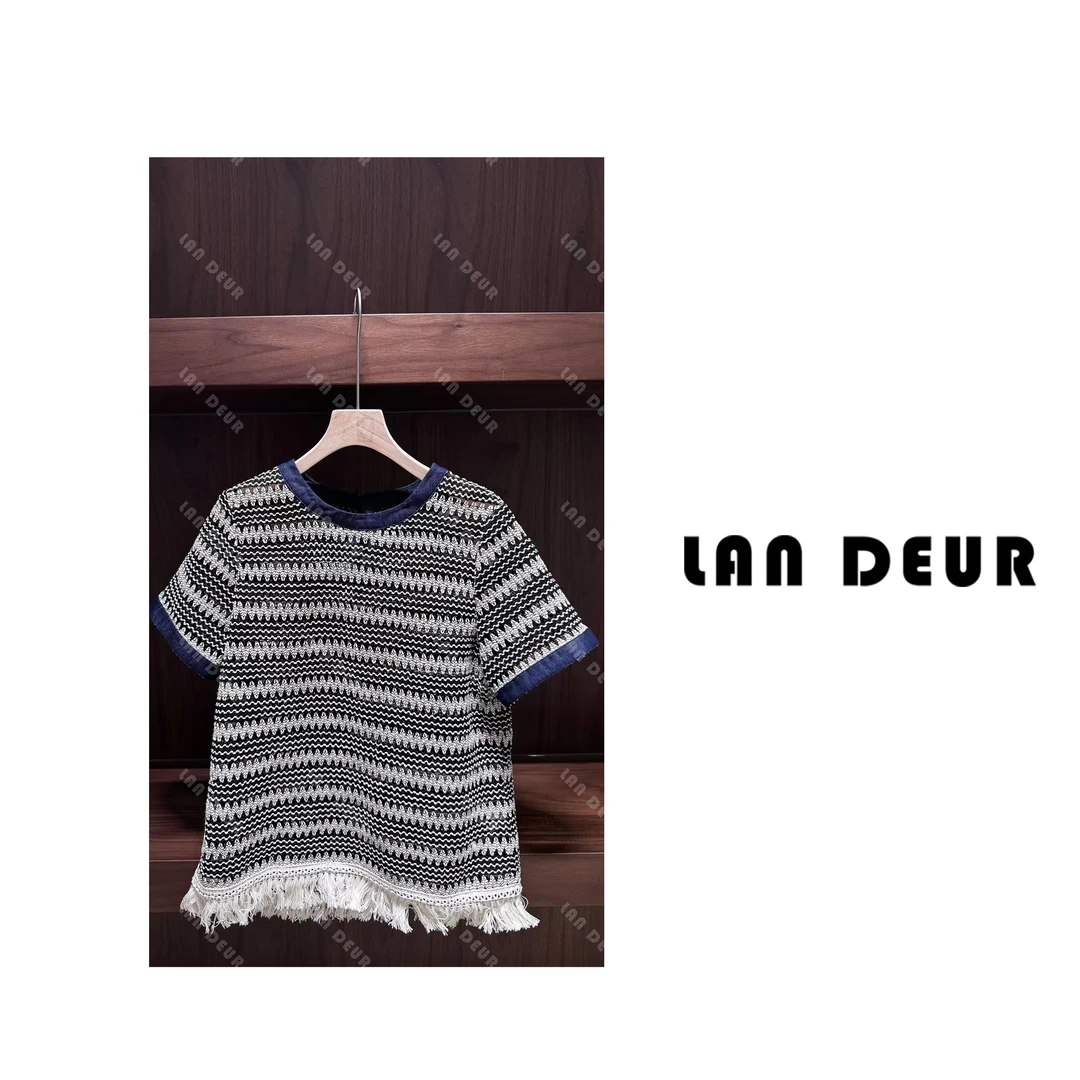 JIUJIU【山有木兮】套头时尚夏季条纹设计师圆领拼接重工宽松T恤