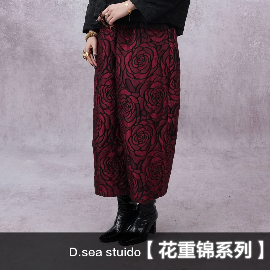 【山海轻奢】BF32814酒红色满花刺绣玫瑰酒红色茧型九分裤棉裤