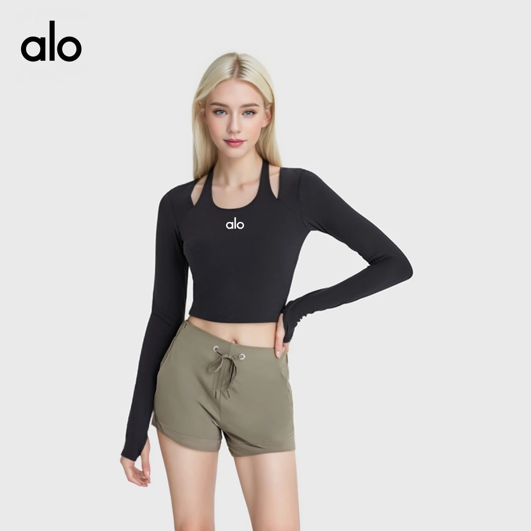 alo早秋时尚百搭挂脖长袖女修身显瘦磨毛裸感健身瑜伽服