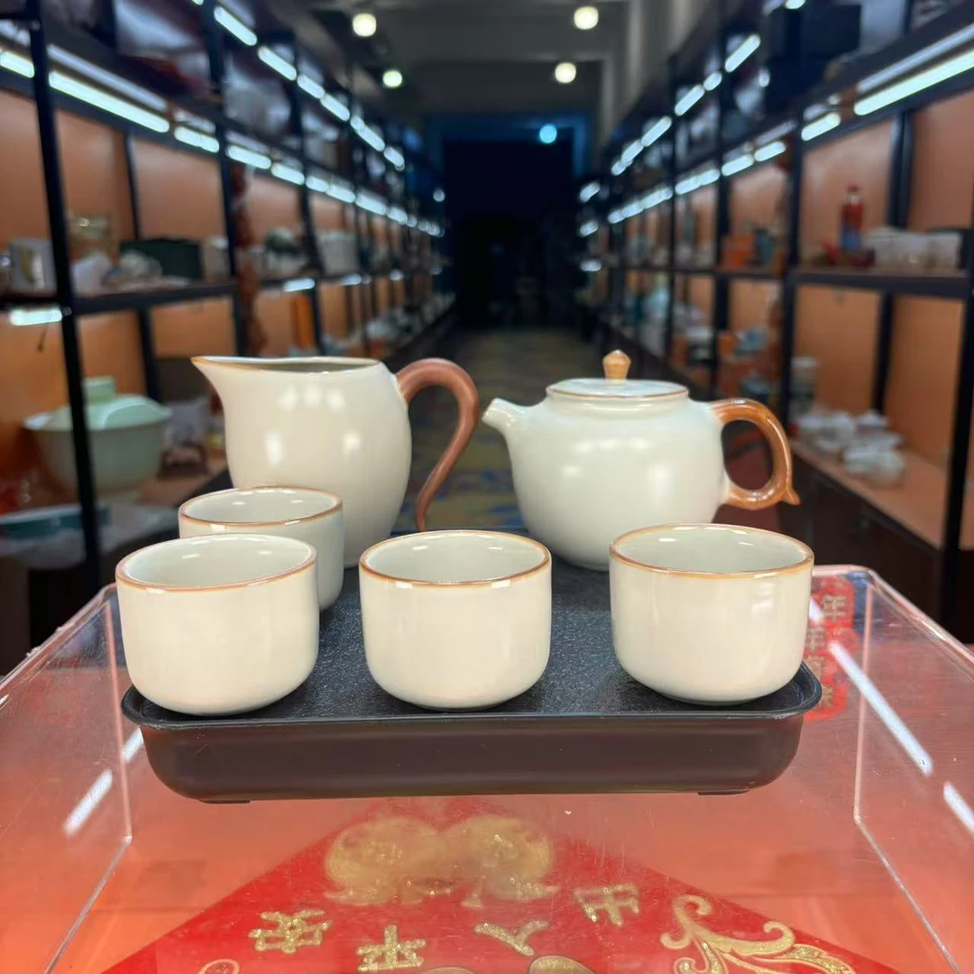 秋香茶具米黄汝窑如意一壶四杯小套装家用功夫茶具套-4168