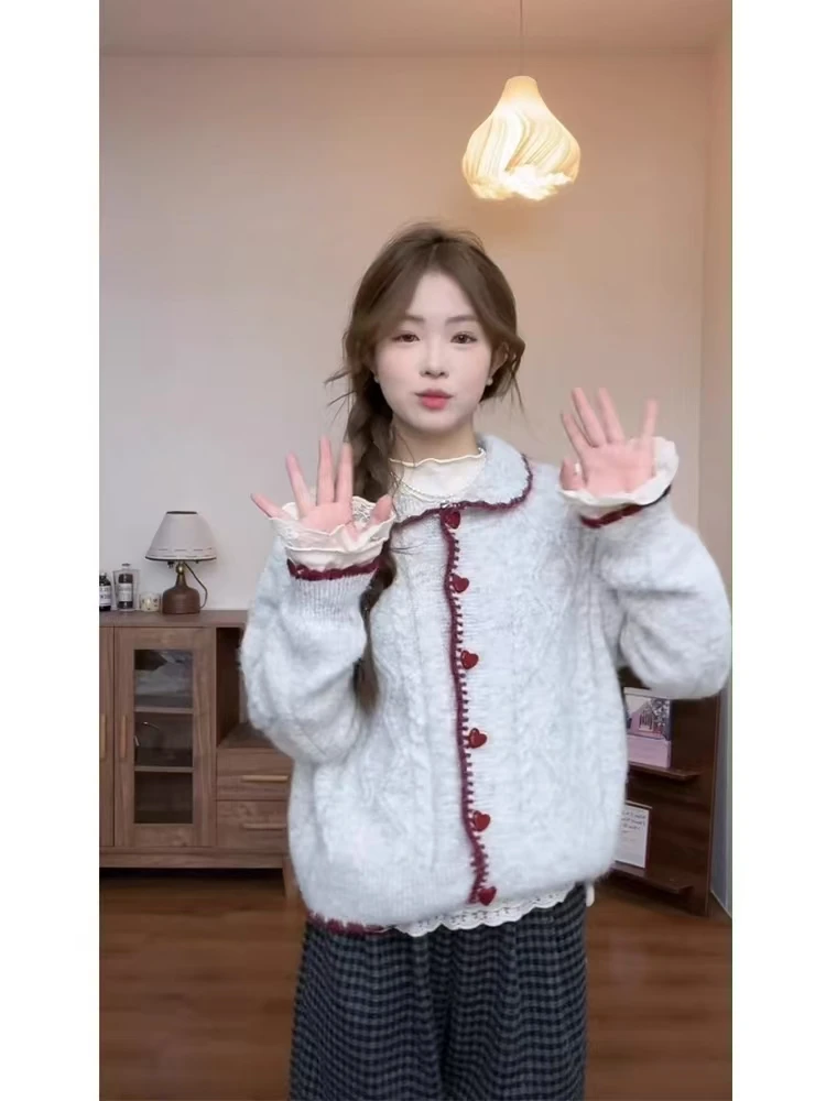 【翻领 爱心扣】甜美翻领针织开衫女秋冬软糯撞色小个子麻花外套
