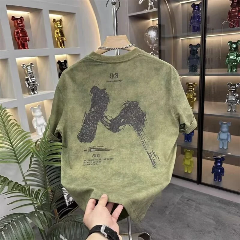 夏季新款男士百搭水洗扎染字母印花短袖T恤半袖上衣圆领宽松穿搭