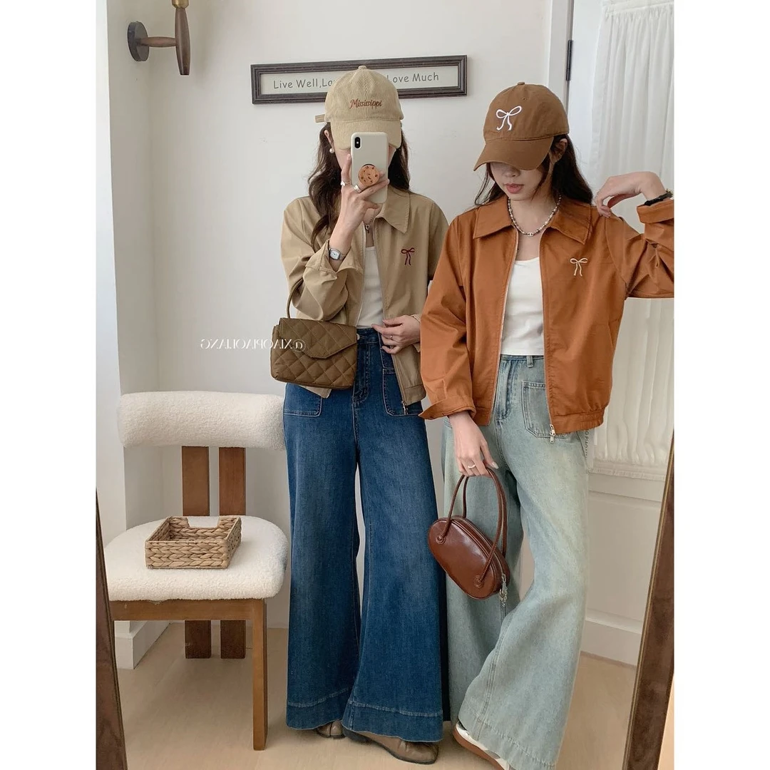 高级美式复古翻领简约蝴蝶结双拉链设计休闲百搭外套女9866#0.13