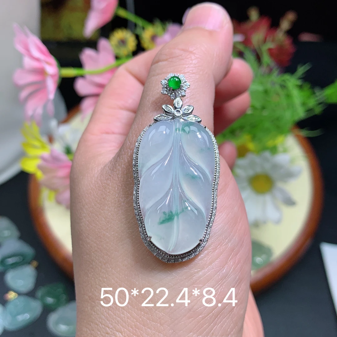 缅甸翡翠A货冰种飘花叶子品挂件水润绿色精冰紫色气品质珠宝玉石