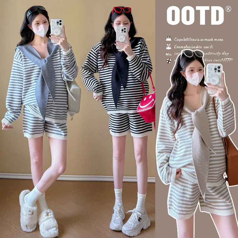 孕妇装2025春秋新款法式休闲针织披肩条纹毛衣穿搭气质短裤三件套