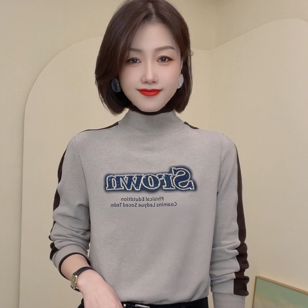 春秋新款烫钻显瘦洋气时尚百搭长袖半高领女士上衣简约修身小衫