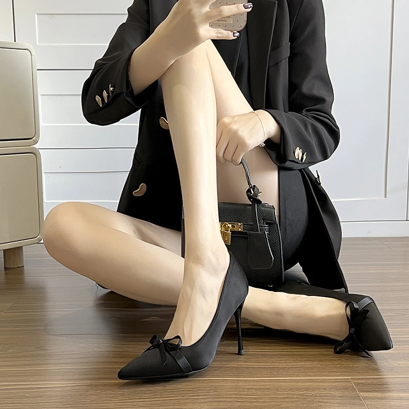 JHX爆款高跟鞋女新款绝美尖头御姐性感蝴蝶细跟单鞋单鞋女黑色