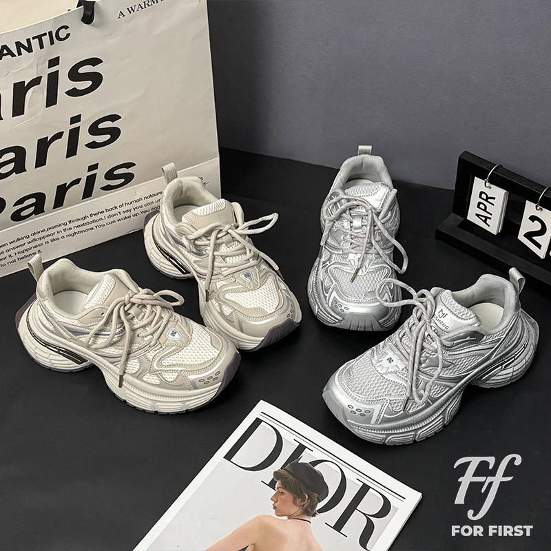 【FJ】2025新款增高厚底老爹鞋女网面休闲运动百搭女鞋