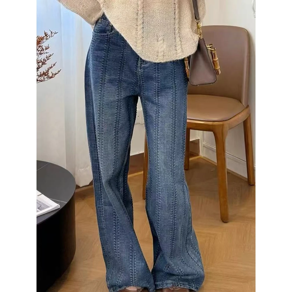 重工链条编织阔腿牛仔裤女冬季加绒加厚高级感宽松显瘦休闲直筒裤