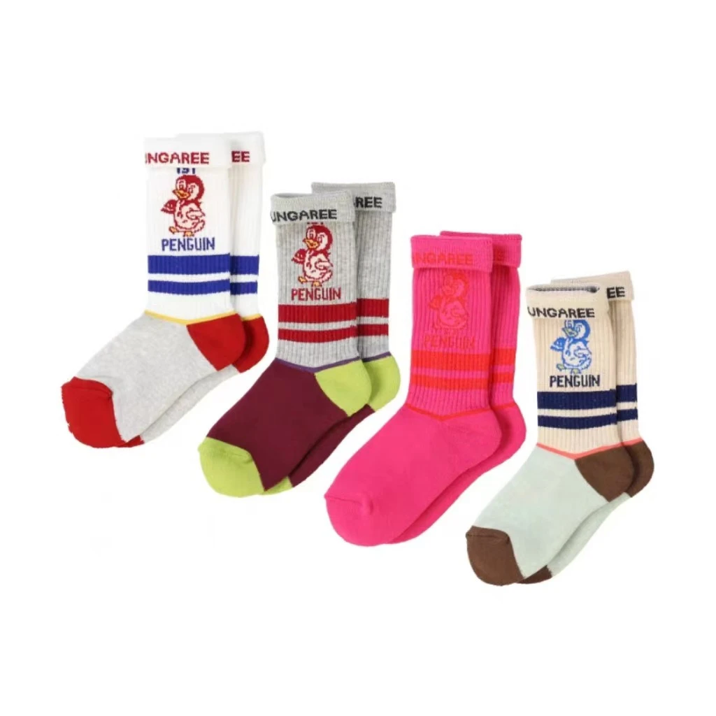 2025DD条纹企鹅 拼色袜男女童袜彩色条纹中筒运动棉袜亲子袜